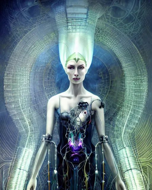 Image similar to karol bak and tom bagshaw and bastien lecouffe - deharme full body character portrait of galadriel as the borg queen, digitalcore rebirth, floating in a powerful zen state, supermodel, beautiful and ominous, wearing combination of mecha and bodysuit made of wires and silk, machinery enveloping nature in the background, scifi character render