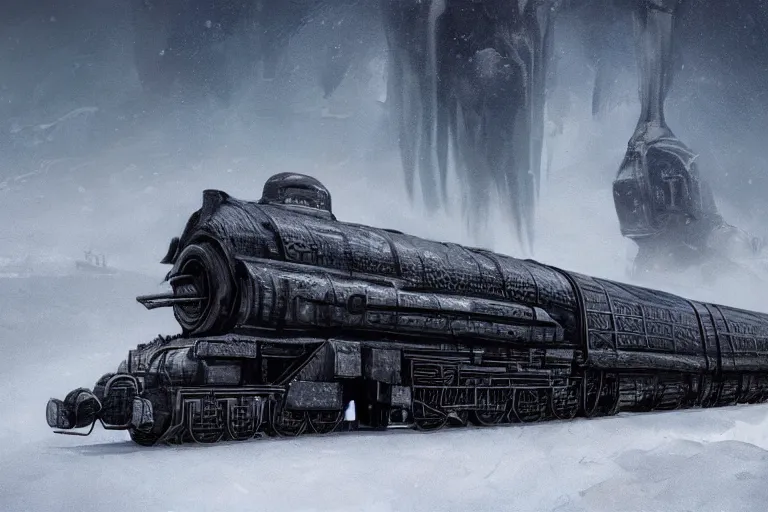 Image similar to a grand intricate futuristic black steam train and a giant mammoth, post - apocalyptic ice landscape in snowstorm, concept art, artstation, highly detailed, digital art