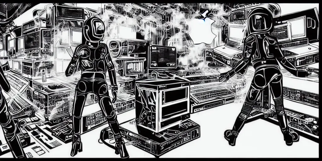 Prompt: detailed black ink manga artwork of 2 Daft Punk robot rock using Apple notebook Macbook at an underground warehouse rave in Ibiza, playing techno house music, thousands of beautiful girls in bikini dancing, in the style of manga illustration, wires, speakers, black and white ink, some ink drips, sharp details