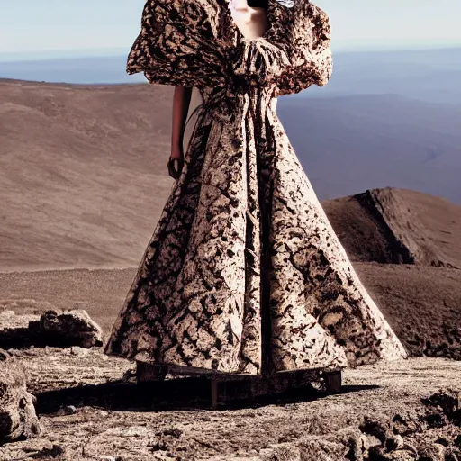 Image similar to a fashion model with large valentino dress at the edge of active etna vulcan, official valentino editorial, highly detailed
