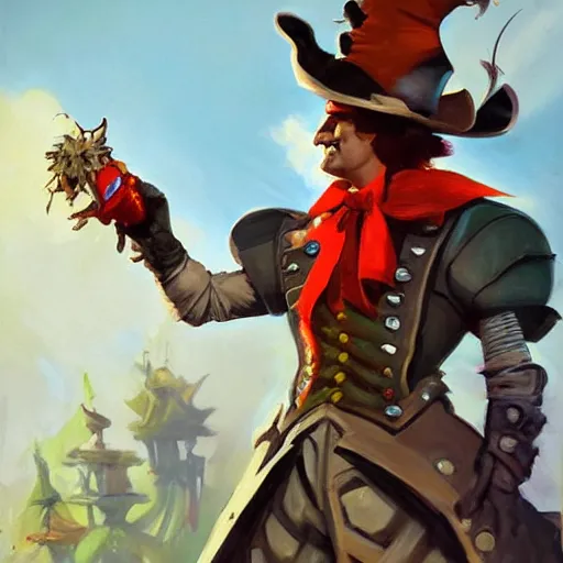 Prompt: greg manchess portrait painting of armored mad hatter from alice in wonderland as overwatch character, wacky, medium shot, asymmetrical, profile picture, organic painting, sunny day, matte painting, bold shapes, hard edges, street art, trending on artstation, by huang guangjian and gil elvgren and jesper ejsing