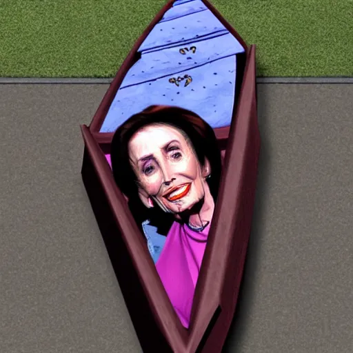 Prompt: demonic nancy pelosi in a coffin