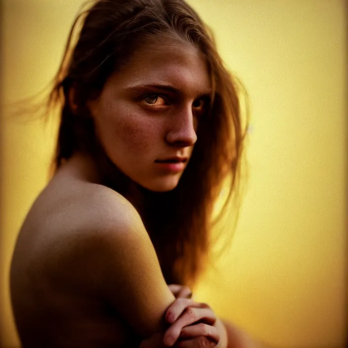 Prompt: Kodak Portra 400, 8K, highly detailed, britt marling style 3/4 dramatic photographic Close-up face of a extremely beautiful girl with clear eyes and brown hair , high light on the left, illuminated by a dramatic light, Low key lighting, light dark, High constrast, dramatic , Steve Mccurry, Lee Jeffries , Norman Rockwell, Craig Mulins ,dark background, high quality, photo-realistic.