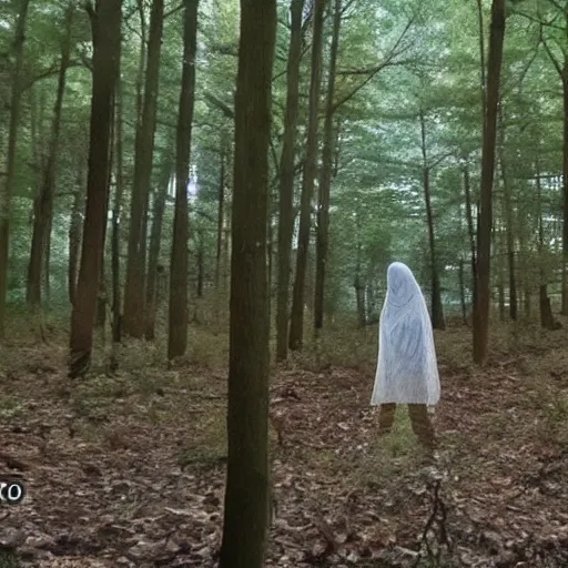 Image similar to found footage video of a ghost in a forest