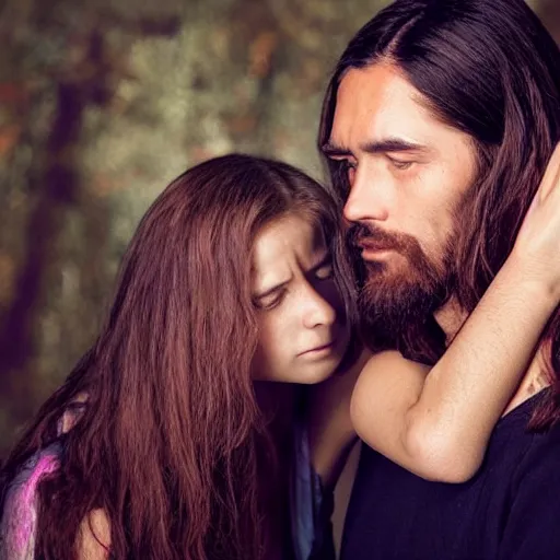 Image similar to creepy jesus christ hovering over a young woman rubbing her shoulder and sniffing her hair.