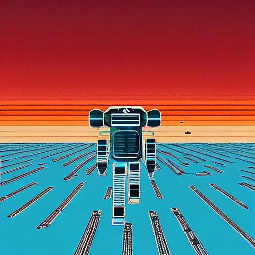 Prompt: “ a picture of a chrome robot walking through outer world desert, a retro sci - fi art by moebius, a path made of a circuit board, orange desert, bright clean blue sky, retro sci - fi adventures ”