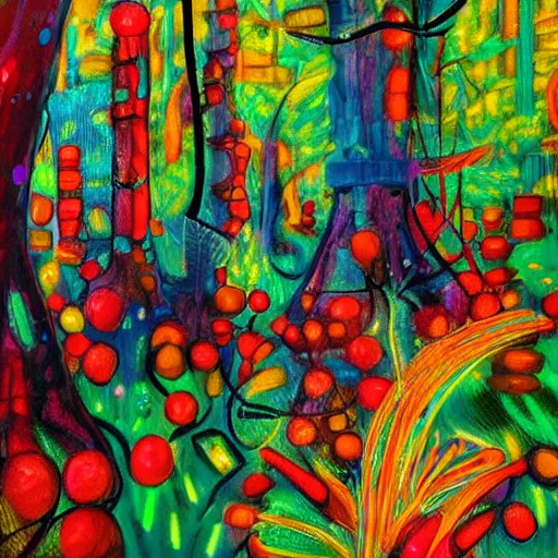 Image similar to lush enchanted forest interlocking with machines by salome totladze, bursts of color, beautiful, neon