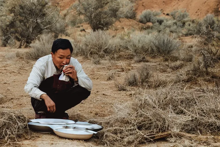 Prompt: asian man eating rice in the desert while its raining and snowing