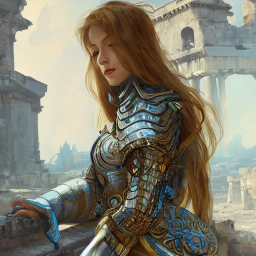 Image similar to portrait knights of Zodiac girl, silver and ice color reflected armor, in ruined Agora of Athens, ssci-fi, fantasy, intricate, very very beautiful, elegant, golden light, highly detailed, digital painting, artstation, concept art, smooth, sharp focus, illustration, art by tian zi and WLOP and alphonse mucha