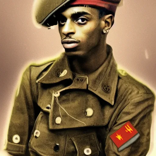 Image similar to playboi carti as a german world war ii soldier captured on a old camera 4 k detailed super realistic