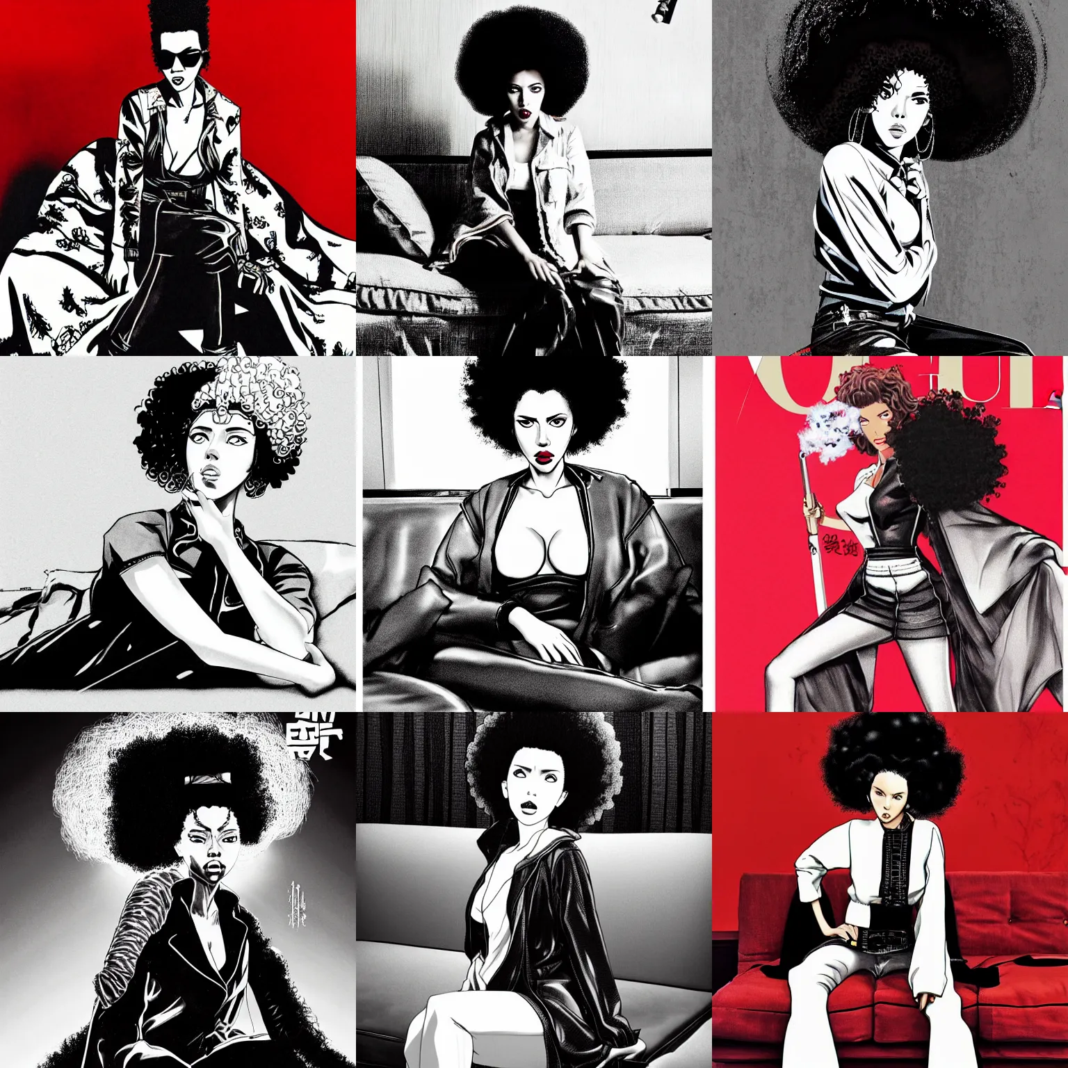 Prompt: scarlett johansson afro samurai anime style, wearing 1 9 7 0 s bellbottoms clothing, black and white, full body profile, sitting on vintage leather sofa, vogue cover, dramatic lighting, pencil and ink