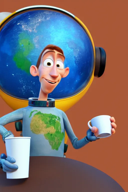 Image similar to portrait of a astronaut holding a cup of coffee with the earth in background, full body. pixar disney 4 k 3 d render funny animation movie oscar winning trending on artstation and behance, ratatouille style