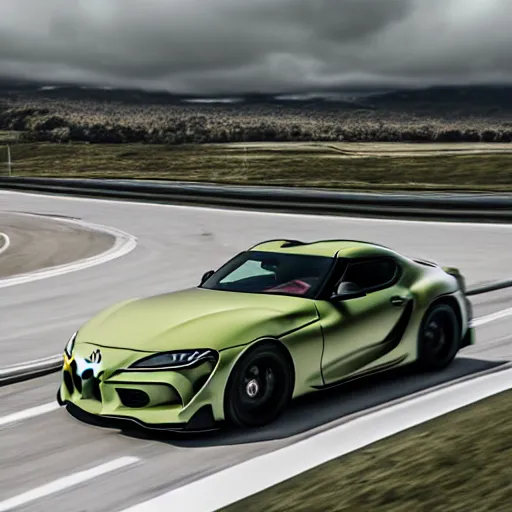 Image similar to Matte olive green Toyota Supra mk5 on highway, hyper realistic, car photography, 8k,