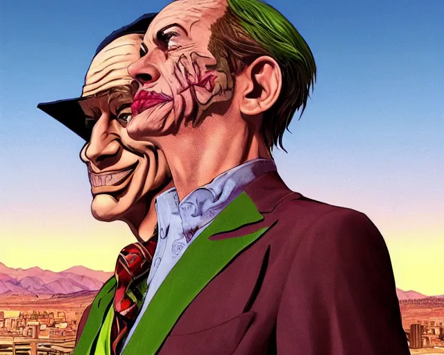 Prompt: portrait of saul goodman as the joker, gta loading screen, art by makoto shinkai and peter elson, bernie wrightson