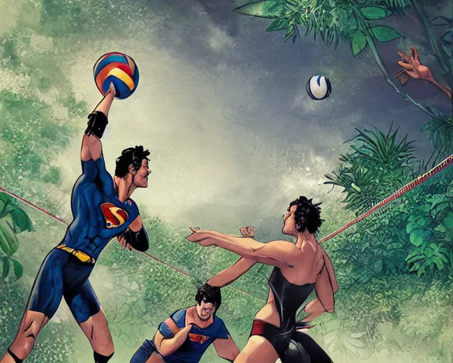 Image similar to batman and superman are playing volleyball in a jungle, volleyball in the air, volleyball net, digital illustration, inspired by greg rutkowski and artgerm, high detail