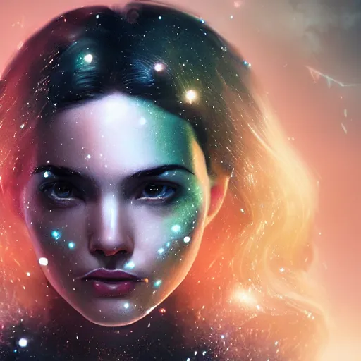 Prompt: woman portrait made out of galaxies, beautiful, cyborg, cinematic comic book art, realistic, highly detailed, octane render