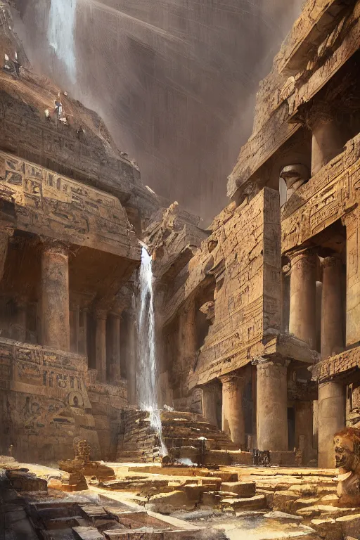 Prompt: looking up at ancient egyptian ruins interior, waterfall, huge statues, intricate, elegant, vivid colors, highly detailed, john park, craig mullins, sparth, ruan jia, jeffrey catherine jones