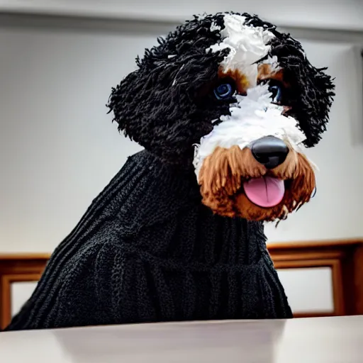 Image similar to a closeup photorealistic photograph of a cute smiling knitted bernedoodle judge dog dressed in a black gown, presiding over the courthouse. indoors, professional capture, well lit shot. this 4 k hd image is trending on artstation, featured on behance, well - rendered, extra crisp, features intricate detail, epic composition and the style of unreal engine.