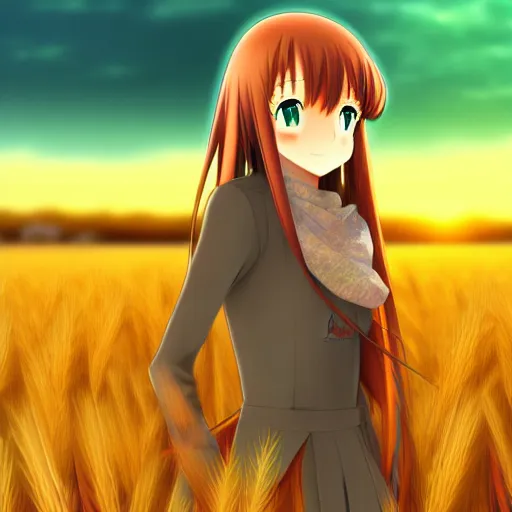 Image similar to anime illustration of Holo from Spice and Wolf standing in a wheat field at sunset, Holo is a wolf girl, high detail, trending on pixiv