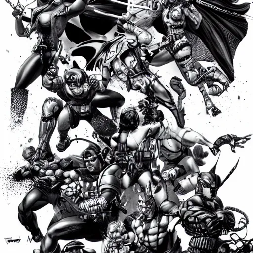 Image similar to heroes battling villains by frank Miller, artgerm, black and white, highly detailed, cityscape