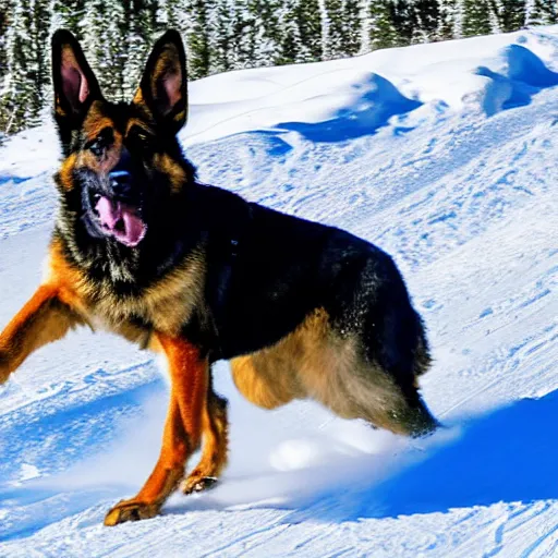 Image similar to german shepard dog skiing down edith cavel mountain, edith cavel, alberta mountain, rocky mountain, mountain, in the disney cartoon style, high definition, bright colours,