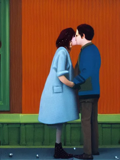 Image similar to a guy and a girl kissing, artwork by wes anderson, cinematic light, atmospheric effects, oil on canvas