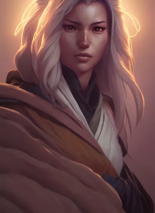 Image similar to beautiful portrait of a female anthro coyote wearing jedi robes. character design by charlie bowater, ross tran, artgerm, and makoto shinkai, detailed, soft lighting, rendered in octane