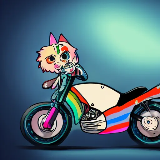 Image similar to wide angle full body, jacket wearing fluffy cute rainbow kitten wearing a black leather motorcycle jacket, riding on a motorcycle, cinematic concept art