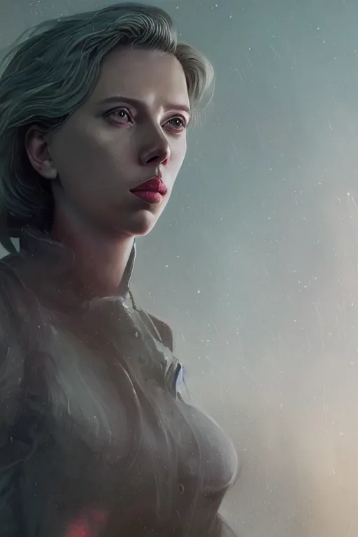 Image similar to a fancy portrait of an alien Scarlett Johansson by Greg Rutkowski, Sung Choi, Mitchell Mohrhauser, Maciej Kuciara, Johnson Ting, Maxim Verehin, Peter Konig, final fantasy , mythical, 8k photorealistic, cinematic lighting, HD, high details, atmospheric,