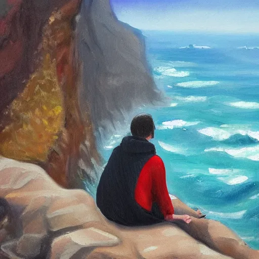 Prompt: person sits on a cliff and looks at the sea, very aesthetic, oil painting,rain