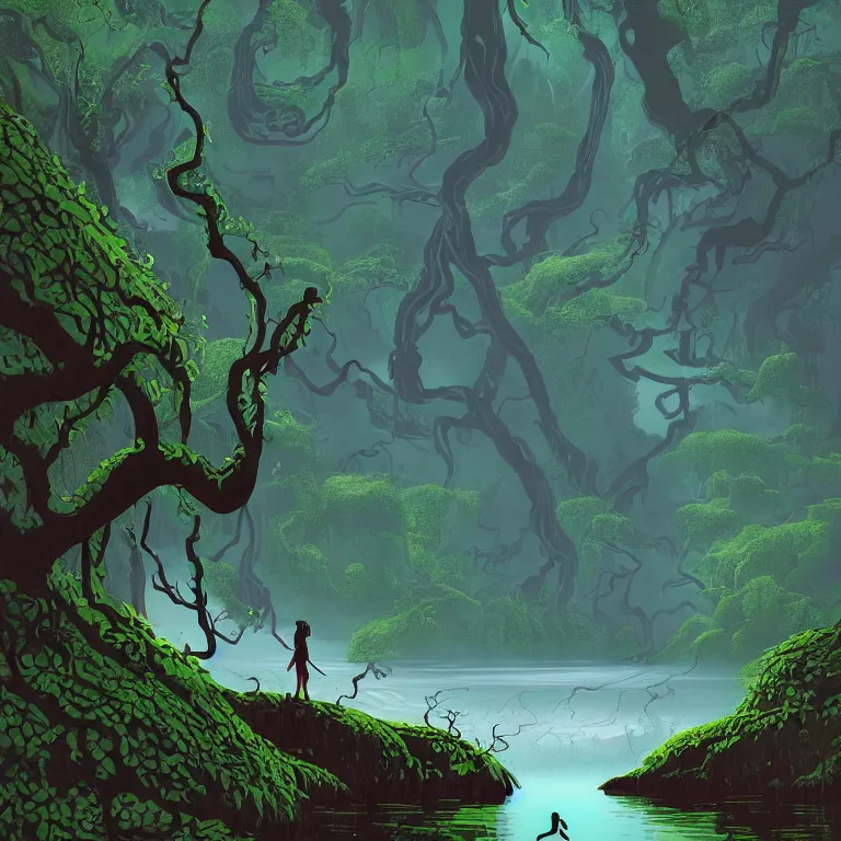 Image similar to concept art of a person in a body of water surrounded by trees, lush vines, a detailed matte painting by eyvind earle, featured on deviantart, fantasy art, matte painting, enchanting