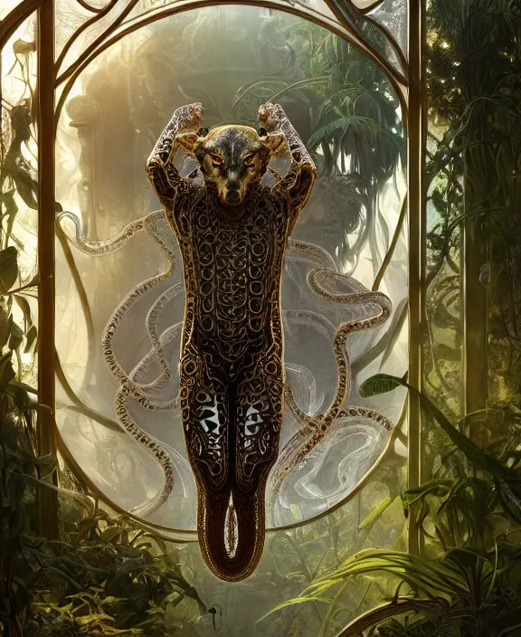 Image similar to intricate ornate opulent transparent clear see - through portrait of a horrific beautiful male human wolf snake, adorable, childlike, overgrown biopunk jungle environment, ultra realistic, concept art, art nouveau, photorealistic, octane render, 8 k, unreal engine. art by christopher marley and artgerm and greg rutkowski and alphonse mucha