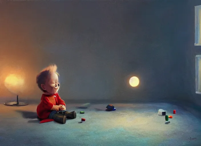 Image similar to lonely toddler elon musk sitting on a shaggy rug playing with his little rockets, bedroom, realistic painting, beautiful soft lighting, istvan sandorfi