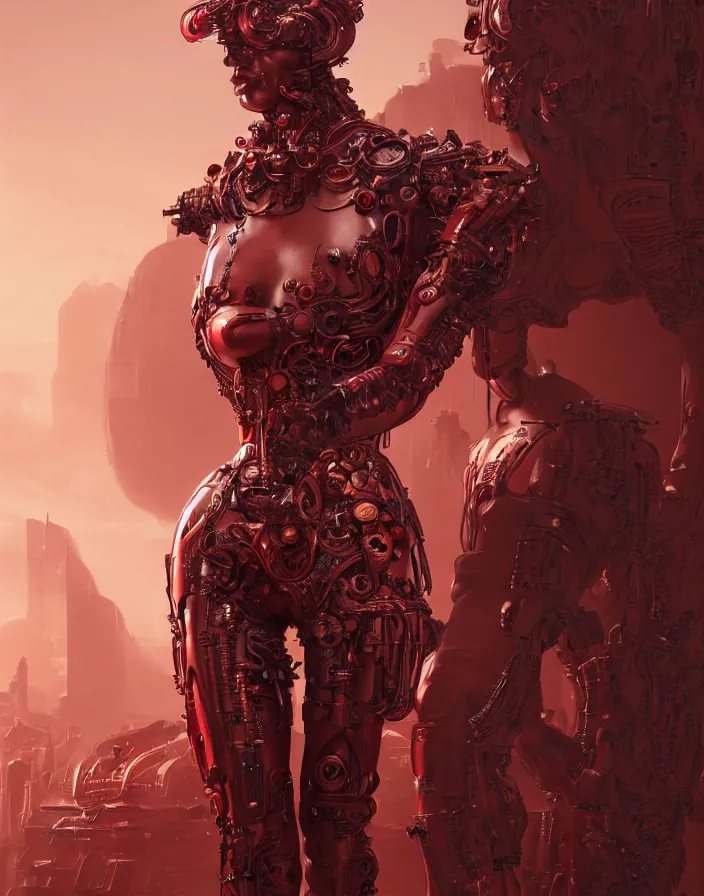 Image similar to portrait, antique statue venus, super hero pose, red biomechanical dress, inflateble shapes, wearing epic bionic cyborg implants, masterpiece, intricate, biopunk futuristic wardrobe, highly detailed, art by akira, mike mignola, artstation, concept art, background galaxy, cyberpunk, octane render