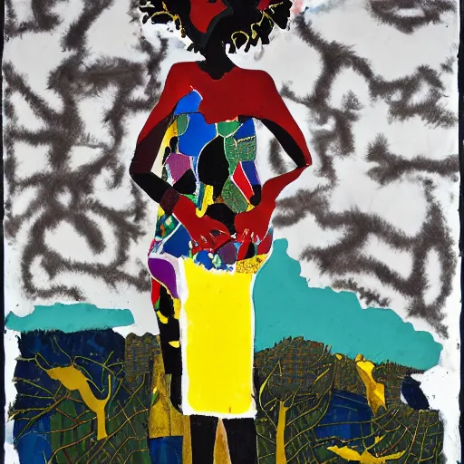 Prompt: sigma 8 5 mm f / 1. 4 by romare bearden. a experimental art of a woman standing in a field of ashes, her dress billowing in the wind. her hair is wild & her eyes are closed, in a trance - like state. dark & atmospheric, ashes seem to be alive, swirling around.
