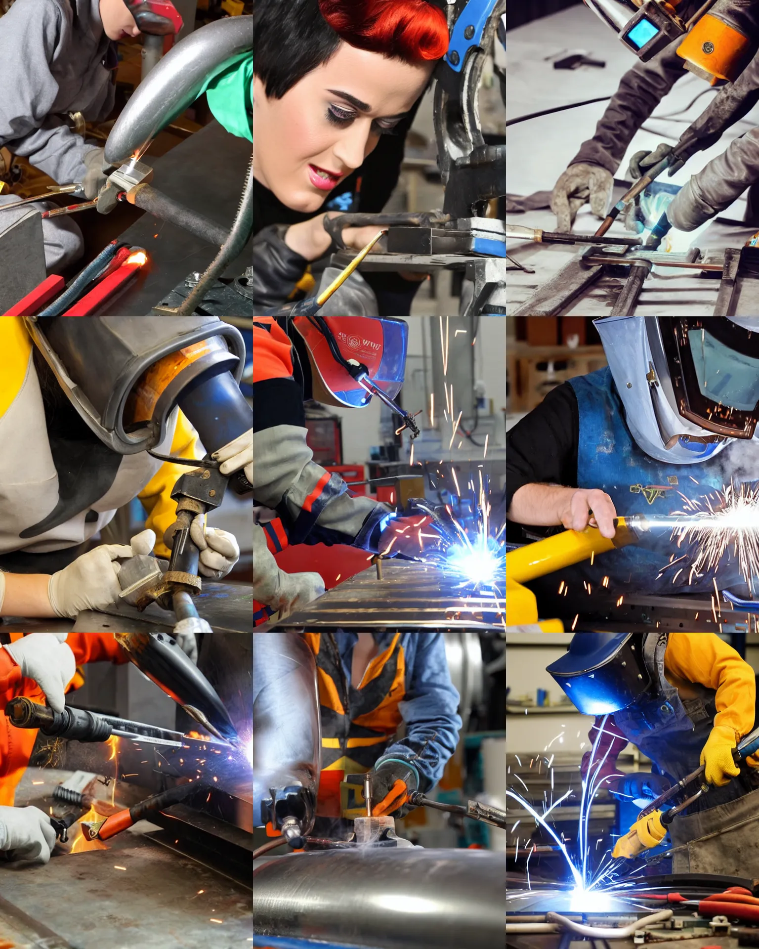 Prompt: close up of katy perry tig welding