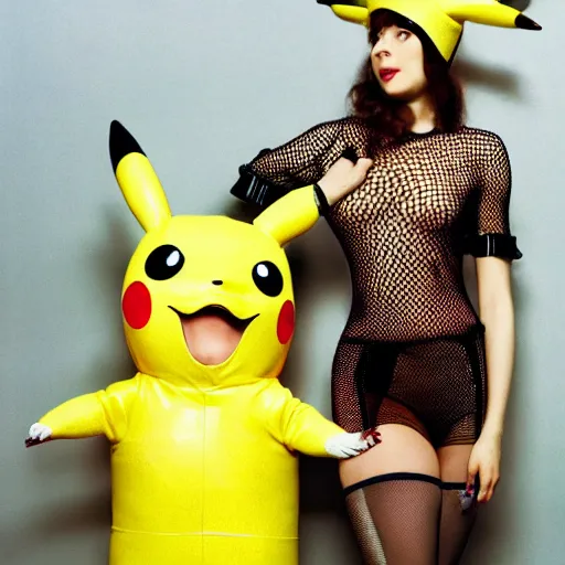 Image similar to girl wearing a latex costume of pikachu and fishnet stockings, by Annie Liebovitz, elegant photography