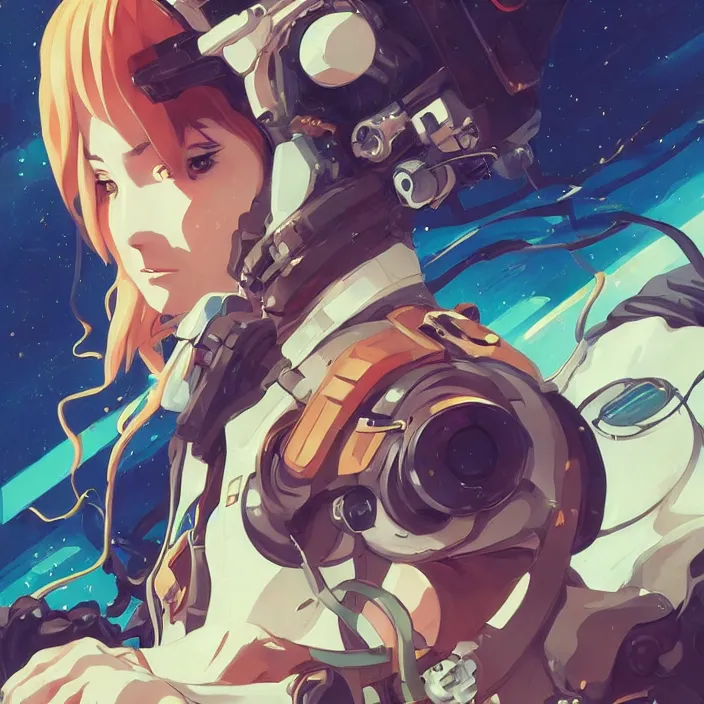 Image similar to anime portrait space pirate captain, futuristic science fiction, mucha, hard shadows and strong rim light, art by jc leyendecker and atey ghailan and sachin teng