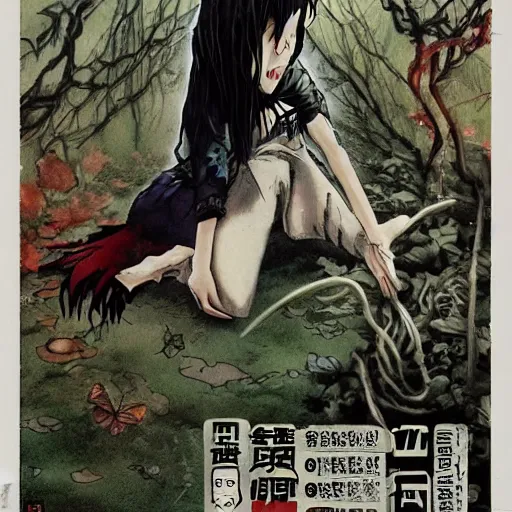 Prompt: a professionally painted anime vhs film cover for a film by yuji ikehata and satoshi kon and tim burton, of a miserable goth vampire bat woman learning how to live in an empty cottage by herself in the middle of the woods, old vintage vhs, scan lines, grainy quality, real anime, fairies
