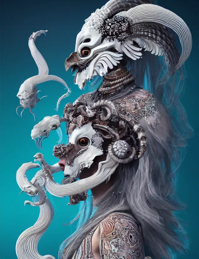 Image similar to 3 d goddess ram skull half - turn portrait with long hair with ram skull. beautiful intricately detailed japanese crow kitsune mask and clasical japanese kimono. betta fish, jellyfish phoenix, bio luminescent, plasma, ice, water, wind, creature, artwork by tooth wu and wlop and beeple and greg rutkowski