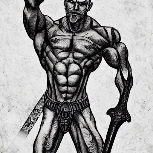 Image similar to muscular bald man, tattooed body, sword in hands, HD, anime style,