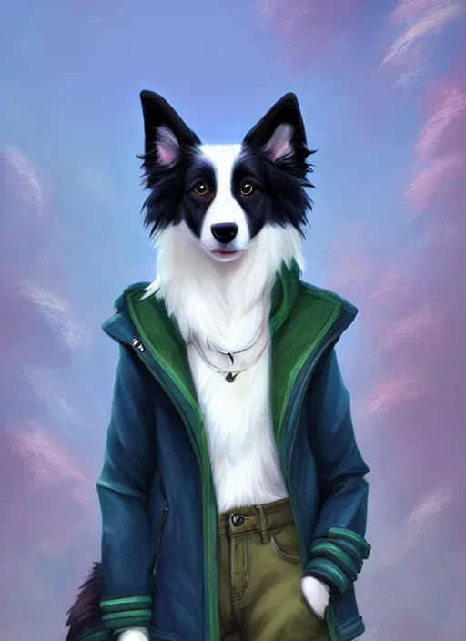 Image similar to full body digital painting of a cute male anthropomorphic border collie fursona wearing a jacket in front of a park, furaffinity, scenic background, intricate, elegant, beautiful, fantasy, highly detailed, trending on artstation, art by charlie bowater and henry asencio and and ross tran