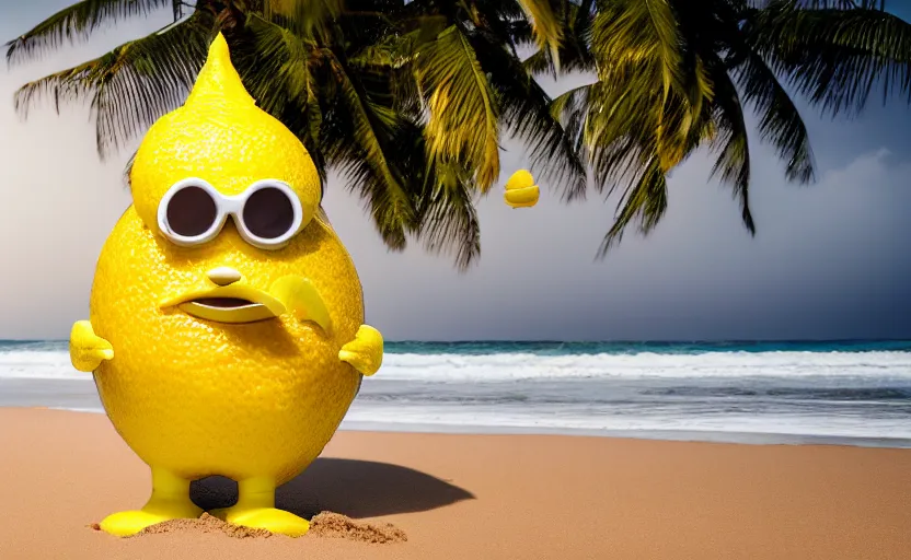 Image similar to 5 0 mm photograph, of a real anthropomorphic lemon character, fit body, with lemon skin texture, it is wearing a hat and scuba diving, building a sandcastle on the beach at sunset, beach, huge waves, sun, clouds, tropical trees, rim light, cinematic photography, professional, sand, sandcastle, volumetric lightening