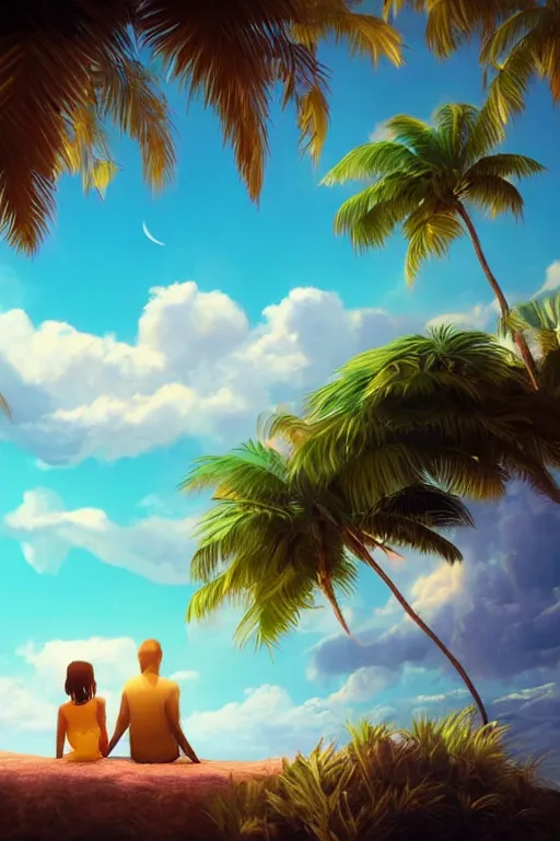 Prompt: conceptual art of one loving couple sitting on a cloud with palms, high in the sky above a paradisiac ocean, mattepainting concept pixar maya engine on stylized background global illumination lighting artstation in the style of MIYASAKI