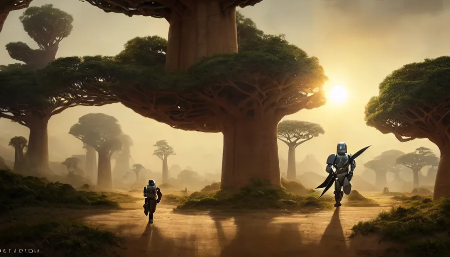 Image similar to mandalorian driving through madagascar with baobabs trees, tribe members chasing for an attach, action scene, an epic fantasy, artgerm and greg rutkowski and alphonse mucha, an epic fantasy, volumetric light, detailed, establishing shot, an epic fantasy, cinematic, photorealistic, ultrarealistic, trending on art station, octane render, midsommar