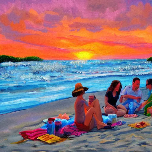 Image similar to Painting of a picnic on the beach at sunset, Greg rutoski style, WLD, digital masterpiece, highly detailed, 4K, oil painting on canvas