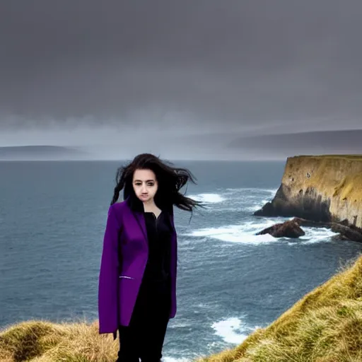 Image similar to 1 7 - year - old pale - skinned persian girl with black long bob cut, black gothic jacket, purple eyes, psychic girl, standing on cliff along the irish coast, overcast gray skies