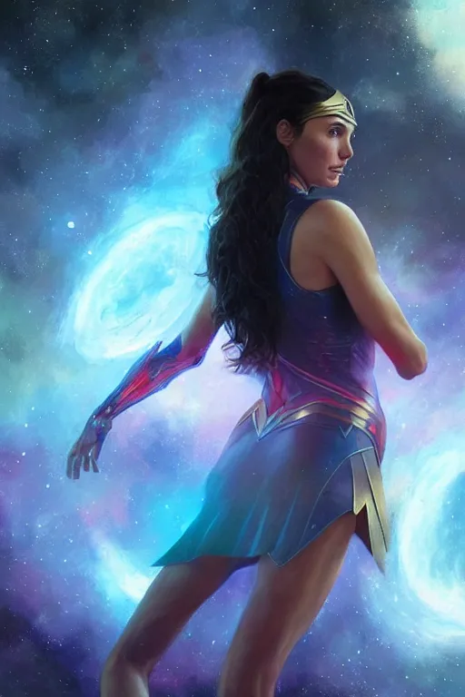 Image similar to Gal Gadot floating in the Cosmos, anatomy, only two hands, highly detailed, digital painting, artstation, concept art, smooth, sharp focus, illustration, Unreal Engine 5, 8K, art by art by artgerm and greg rutkowski and edgar maxence