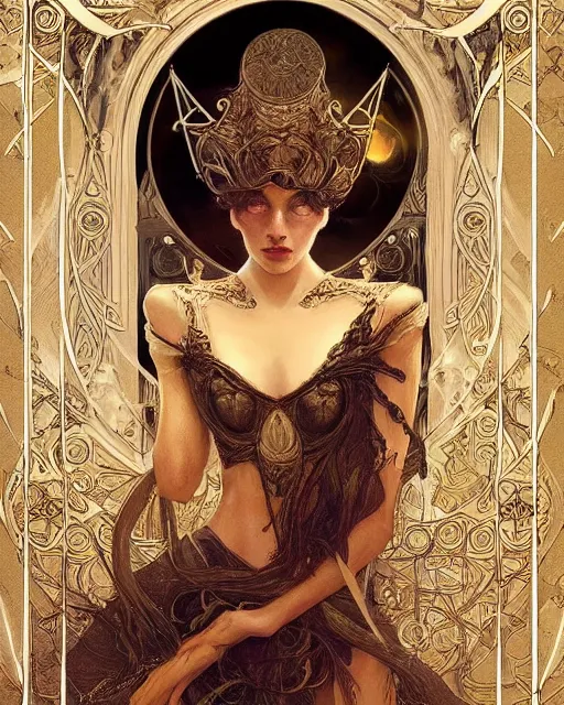 Image similar to tarot card, high priestess, Art nouveau, intricate, elegant, highly detailed, concept art, sharp focus, beautiful face!!, digital art, smooth, by Bastien Deharme, Brom, trending on Artstation, Alphonse Mucha