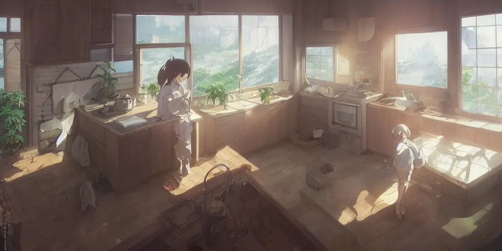 Prompt: interior design art, isometric, bright window lit kitchen, morning, steaming food on the stove, wooden floors, houseplants, ghosts, cottage decor, anime, trending on pixiv fanbox, painted by greg rutkowski makoto shinkai takashi takeuchi studio ghibli, akihiko yoshida